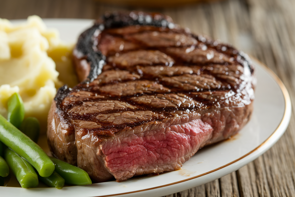 A perfectly grilled ranch steak served with mashed potatoes and green beans