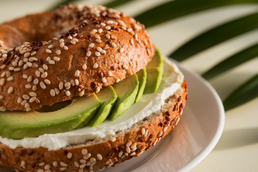 Whole-grain bagel with cream cheese and avocado slices