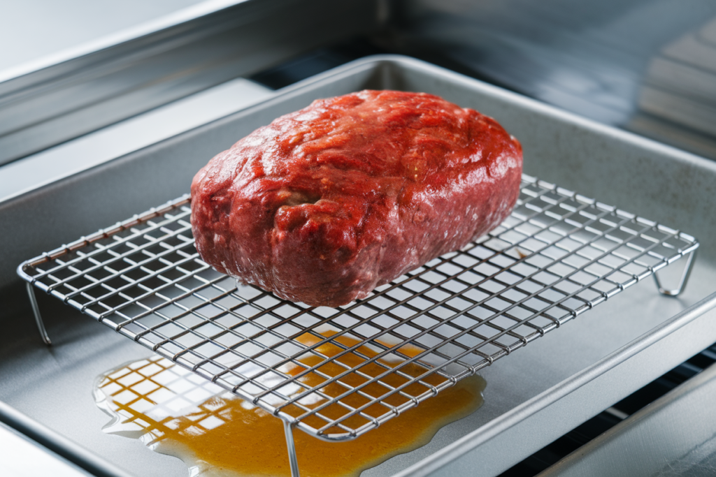 A baking rack with meatloaf elevated above a sheet pan.