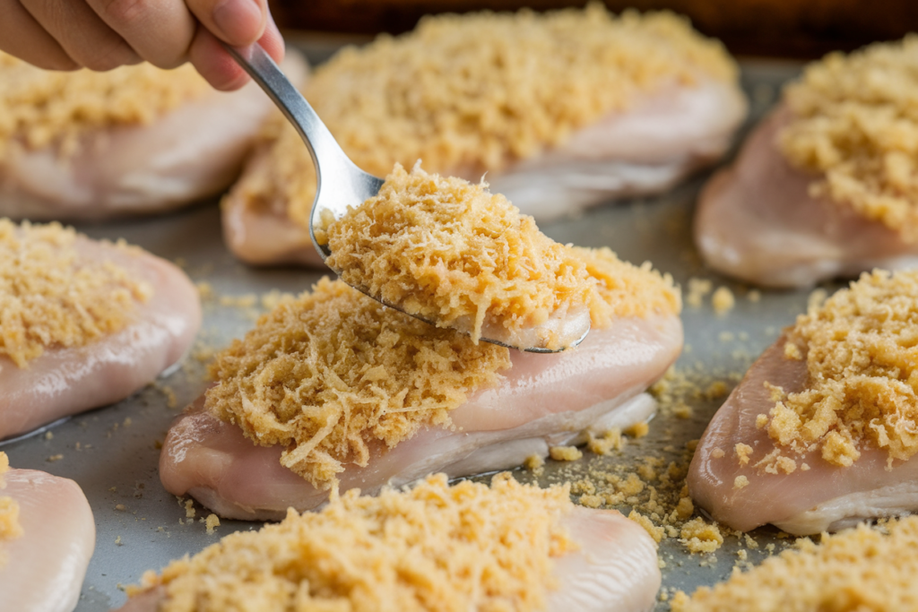 Parmesan crust being applied to chicken breasts.