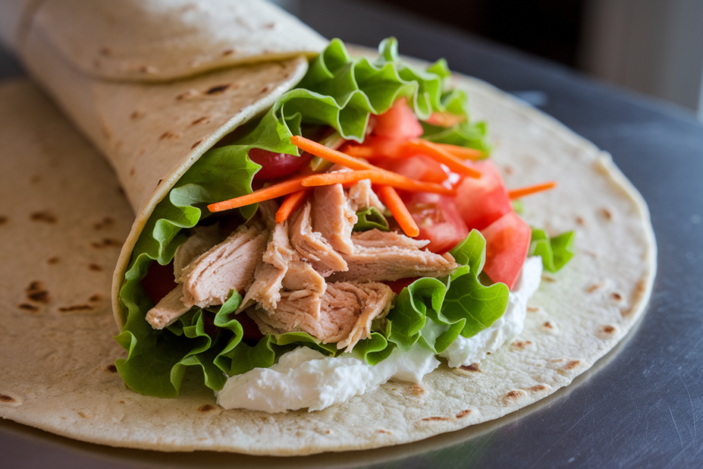 Step-by-step process of assembling a Cottage Cheese Buffalo Chicken Wrap, showing layered ingredients on a tortilla.