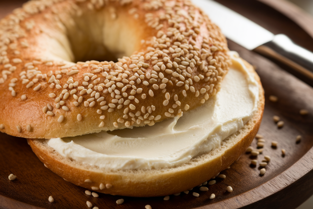 Freshly prepared bagel with cream cheese on a wooden plate.