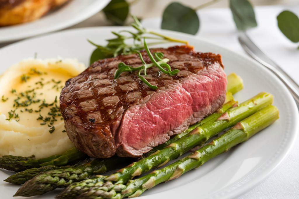 Bavette steak plated with mashed potatoes and grilled asparagus.