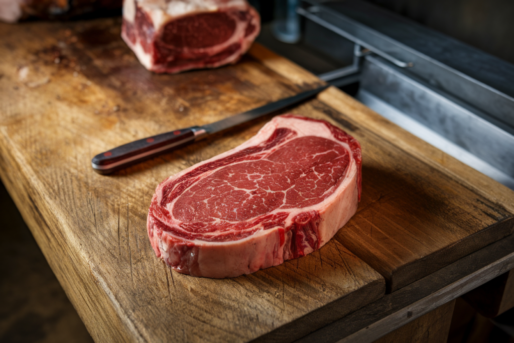 Beef loin flat iron steak with visible marbling, fresh cut.