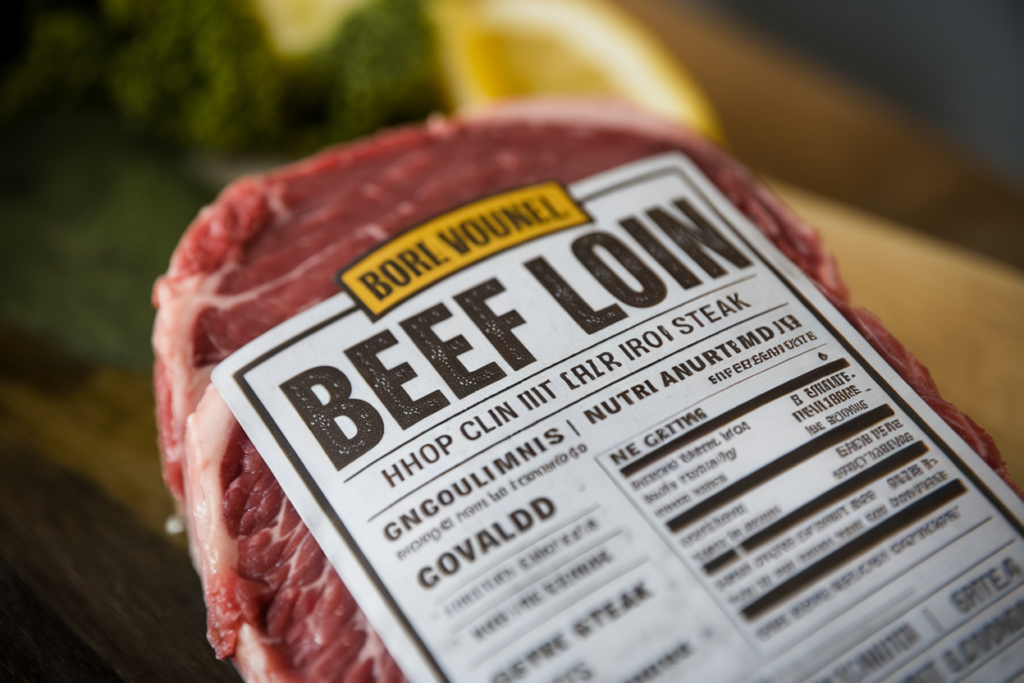 Beef loin flat iron steak label showing USDA grade and nutritional details.