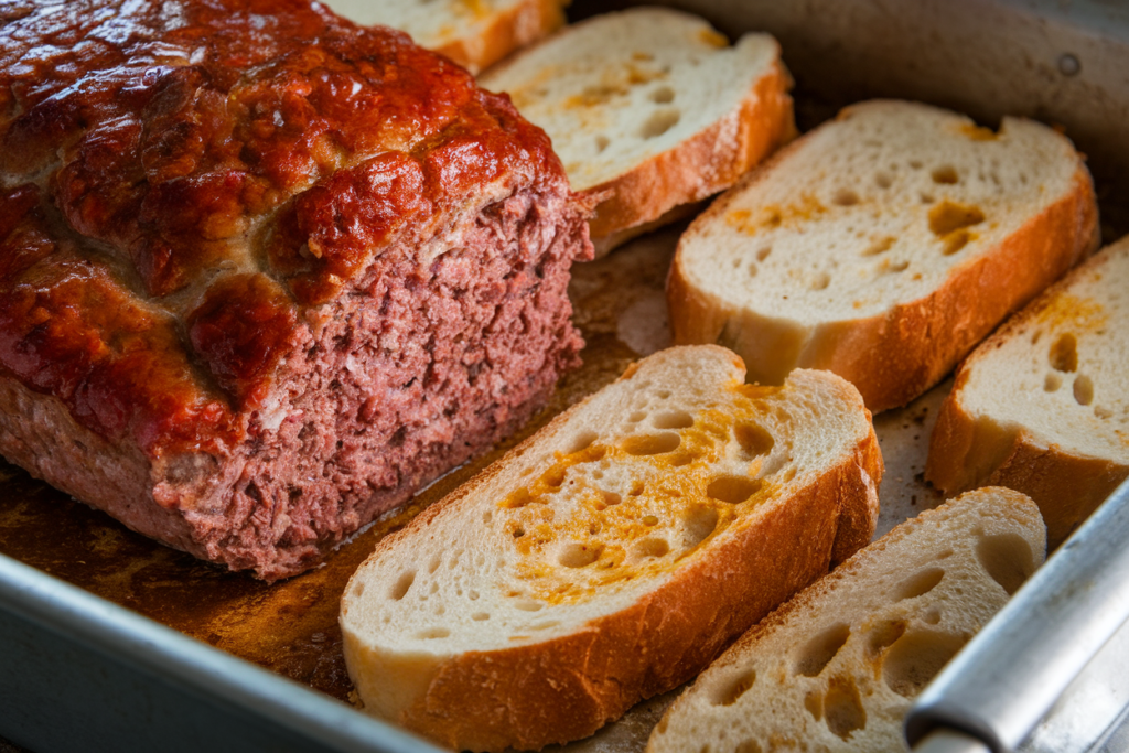 Greasy bread slices removed from a baking pan.