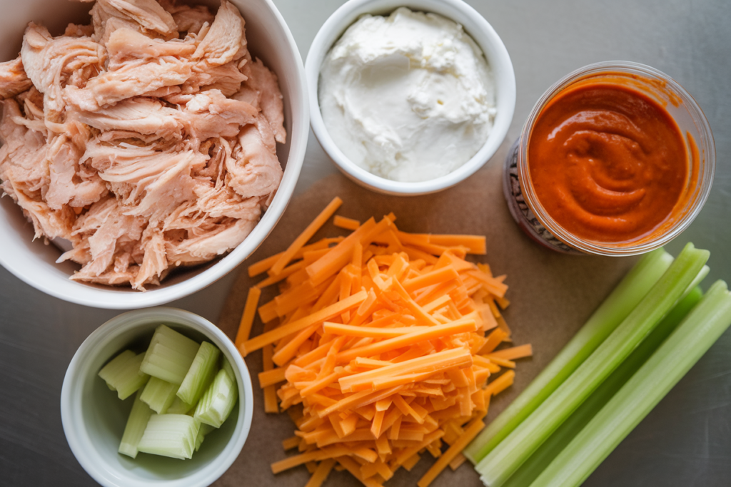 Ingredients for healthy buffalo chicken dip laid on a countertop.