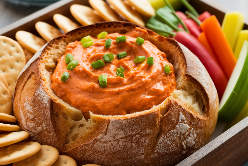 Buffalo chicken dip in a bread bowl with garnishes.