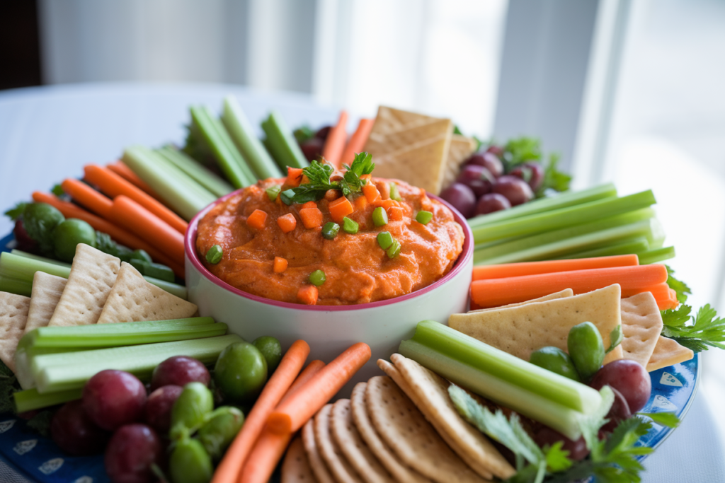 Buffalo chicken dip served with colorful dippers.