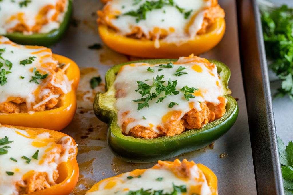 Buffalo chicken dip stuffed into bell peppers.