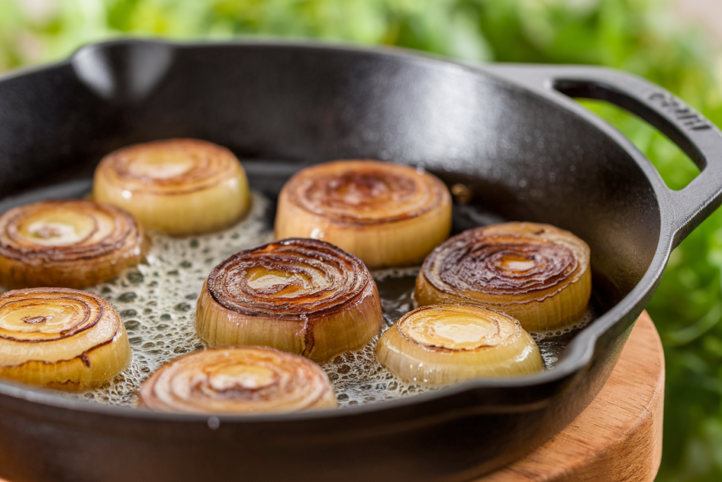 Sliced onions being caramelized in a skillet.