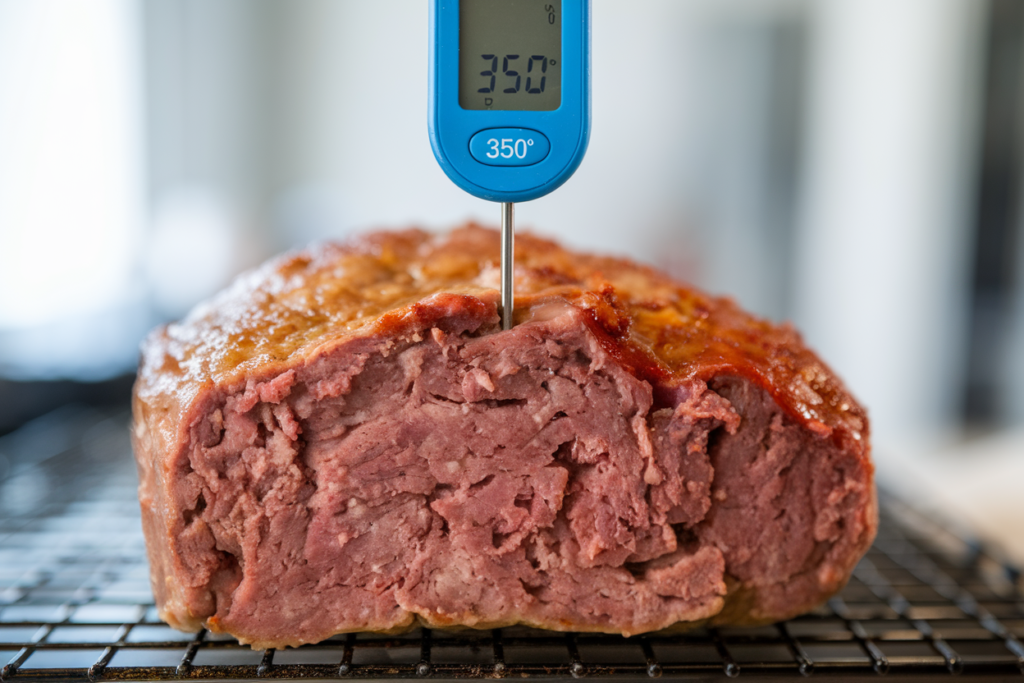 A meat thermometer inserted into the center of a meatloaf.