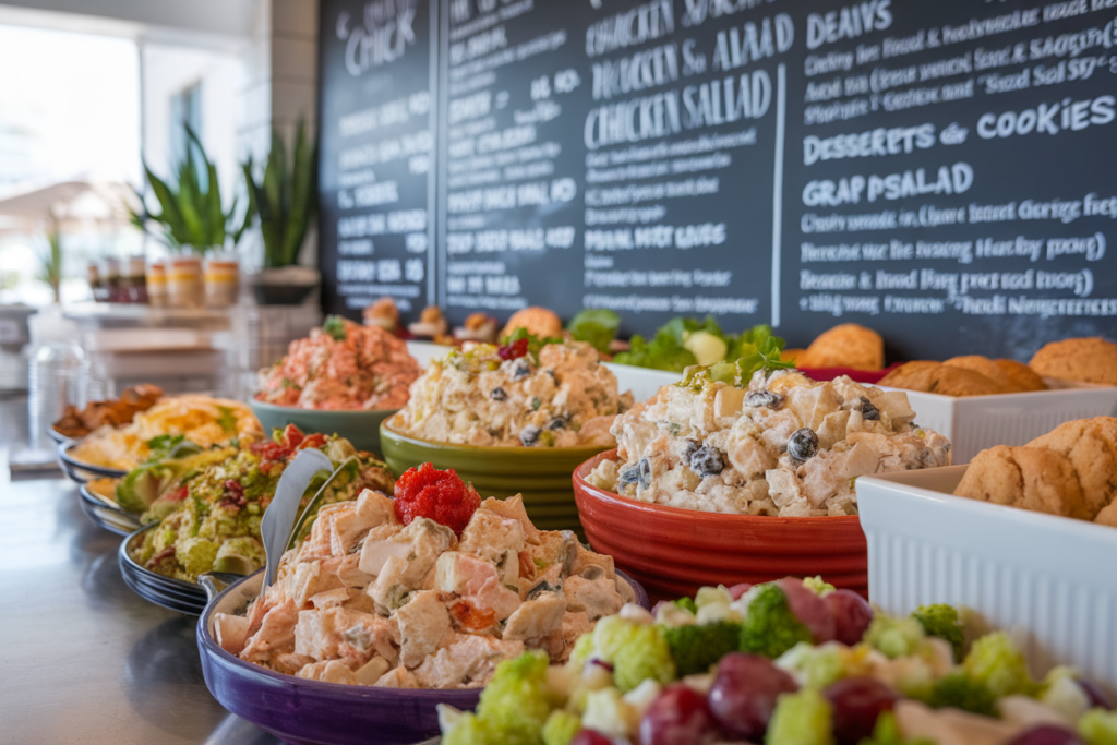 A vibrant Chicken Salad Chick menu display showcasing various chicken salad flavors, sides, and desserts.