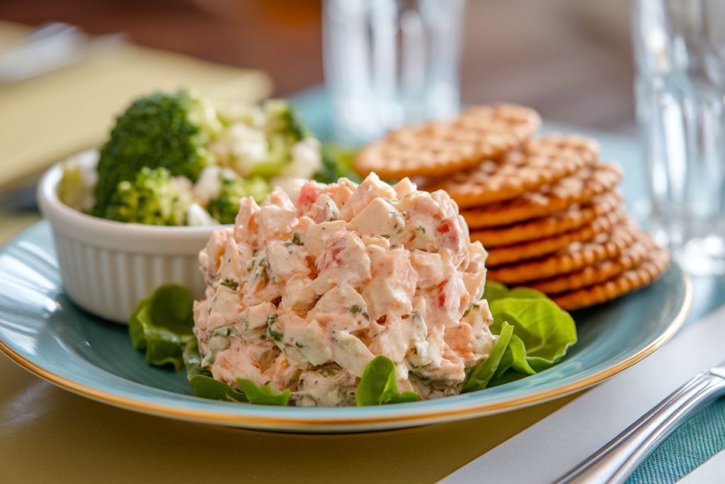 Chicken salad scoop served with broccoli salad and crackers.