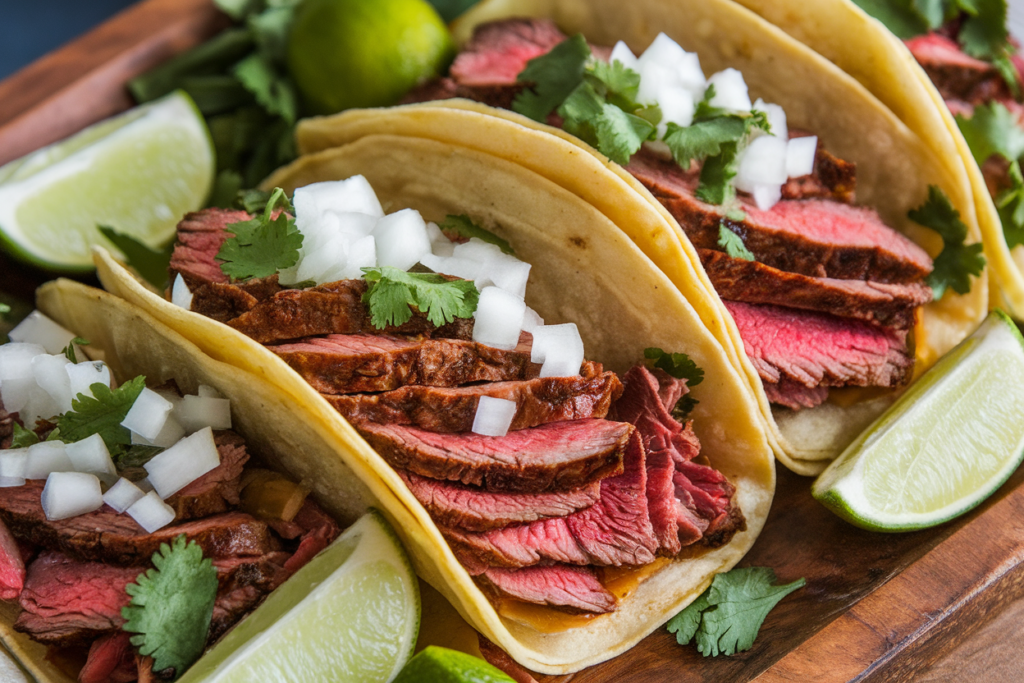 Beef chuck eye steak tacos with toppings on a wooden platter.