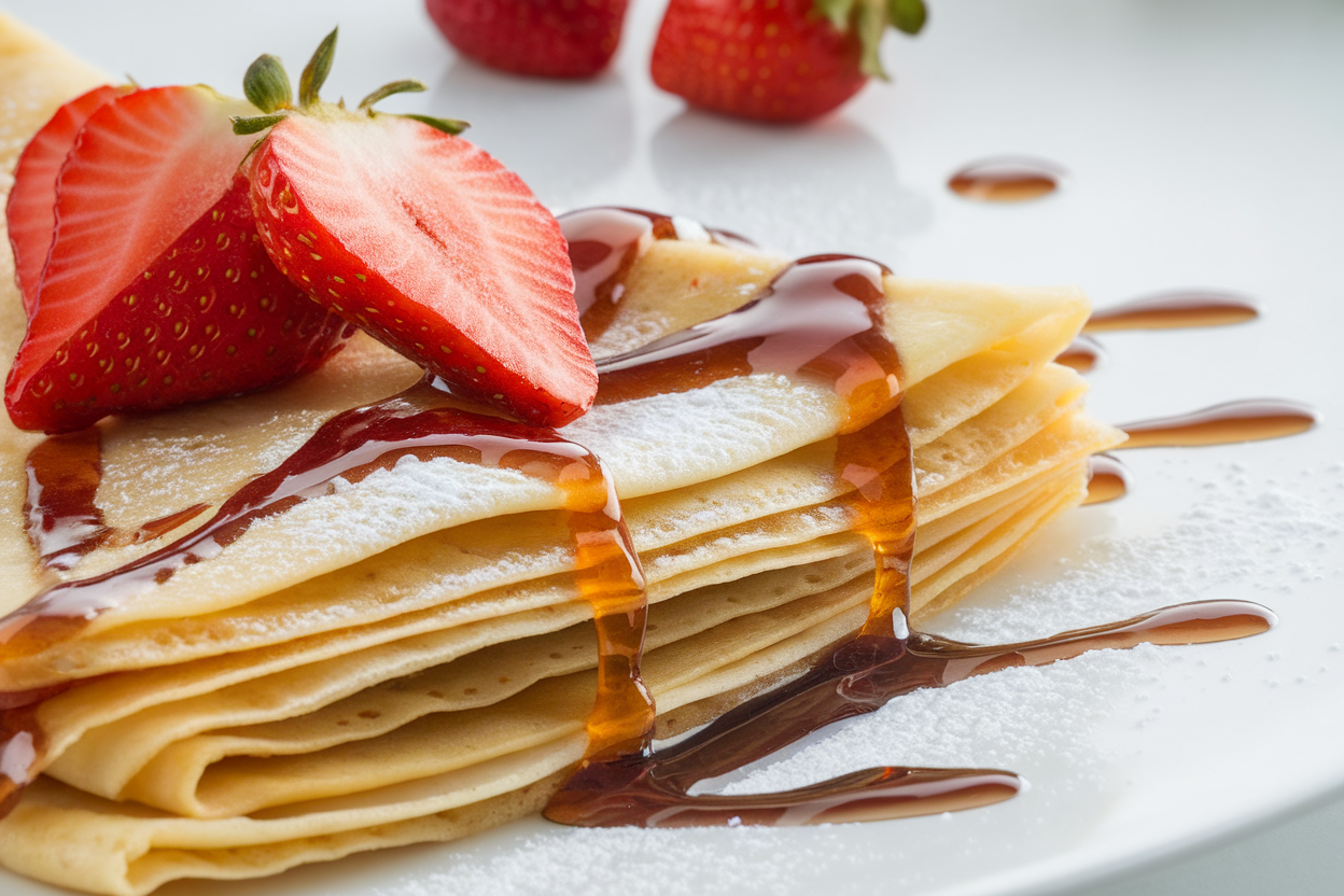 A plate of thin French crêpes with strawberries and powdered sugar.