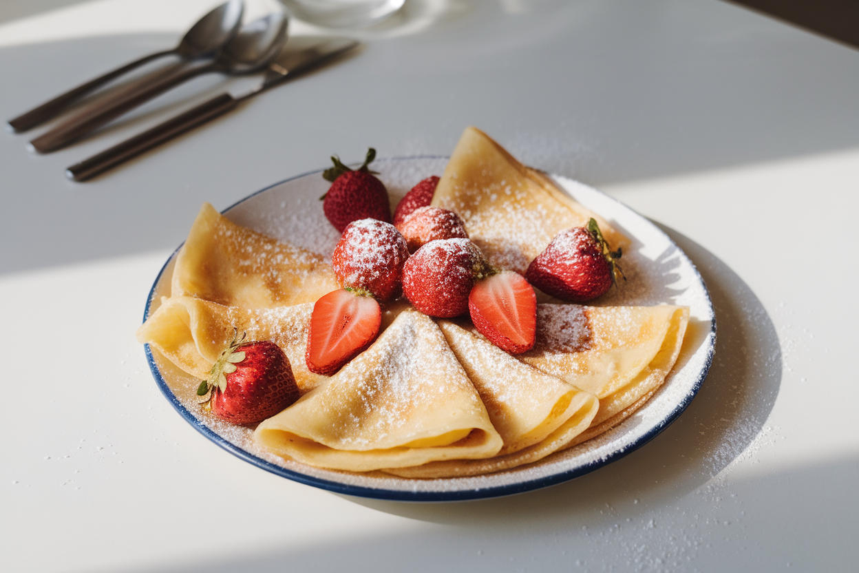 A plate of classic French crêpes with fresh strawberries and powdered sugar.