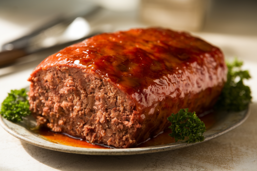 Classic meatloaf served with a rich glaze and garnished with parsley.