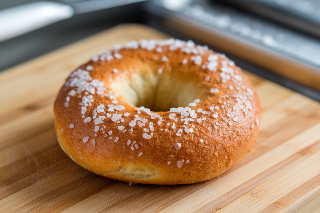 Classic salt bagel with coarse salt crystals on a wooden cutting board.