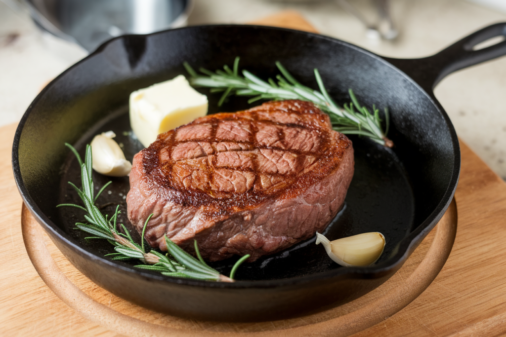 A cast iron skillet with chuck eye steak being seared