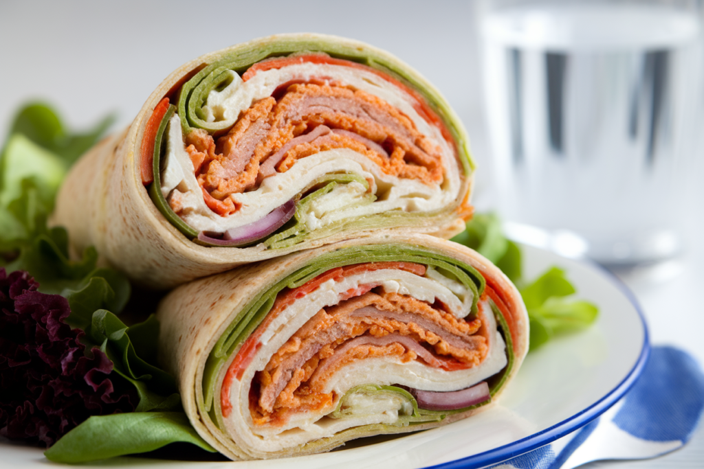 Completed Cottage Cheese Buffalo Chicken Wrap sliced in half, revealing the vibrant filling of chicken, cottage cheese, and fresh vegetables, served with a side salad.