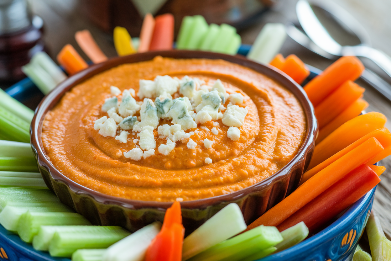 Bowl of creamy cottage cheese buffalo dip surrounded by vegetables.