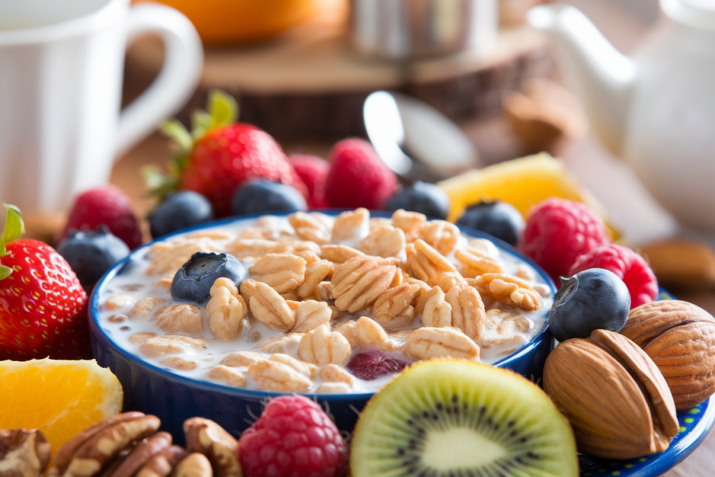 Bowl of oat cereal with milk and fruits on a breakfast table.