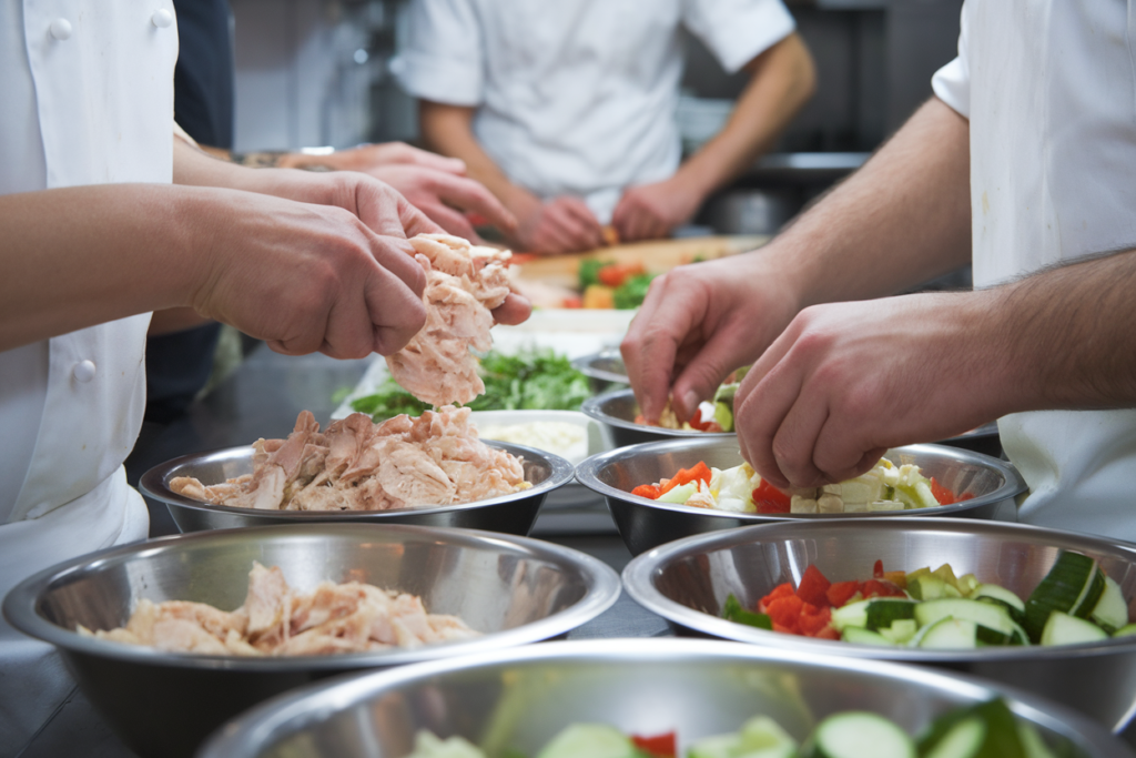 Chefs hand-pulling chicken and dicing vegetables in a clean kitchen for fresh chicken salad preparation.