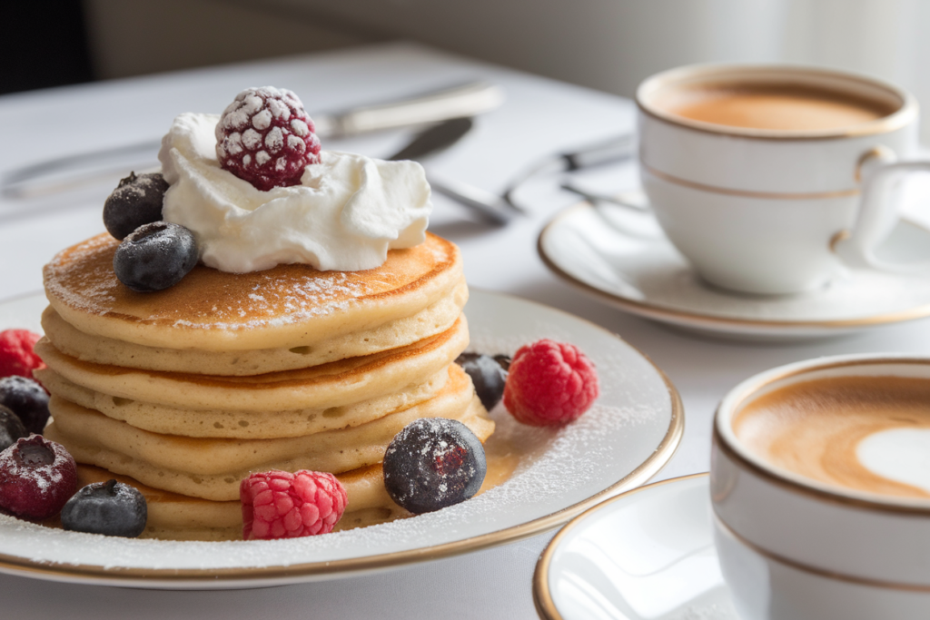 Short pancakes topped with fresh berries, whipped cream, and powdered sugar on a breakfast table.