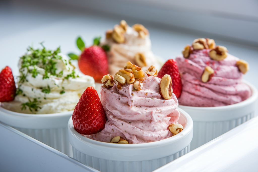 Flavored cream cheese in small bowls with herbs and fruits