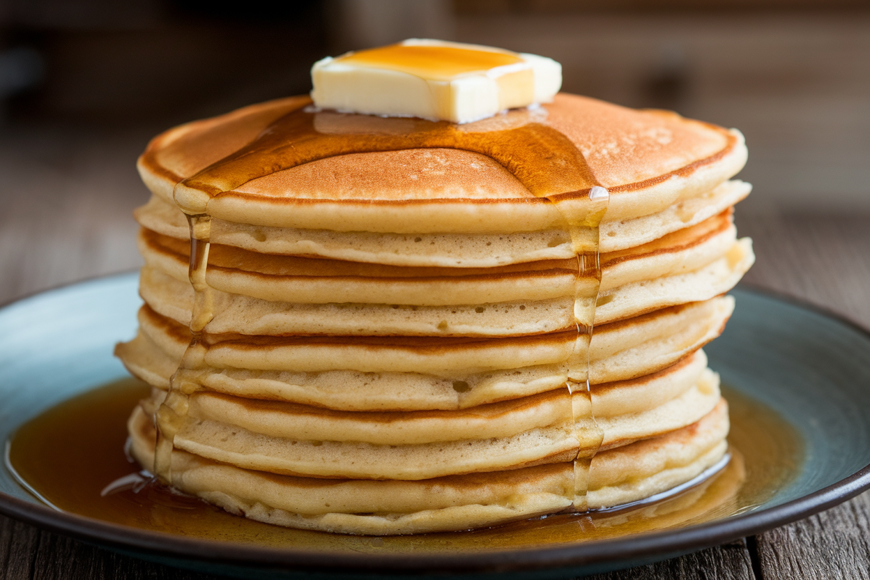 A stack of fluffy, golden short pancakes with butter and maple syrup.