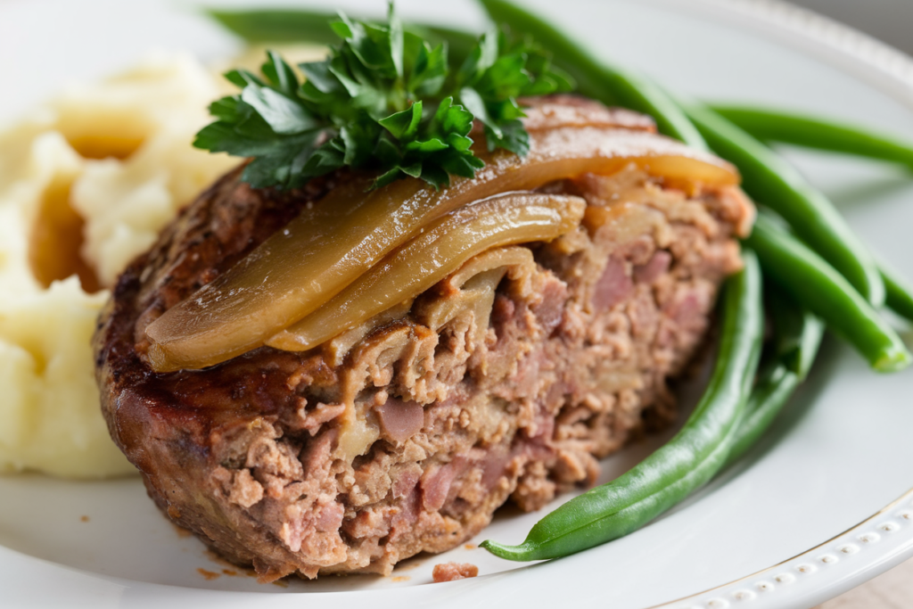 A slice of French Onion Meatloaf with mashed potatoes and green beans.