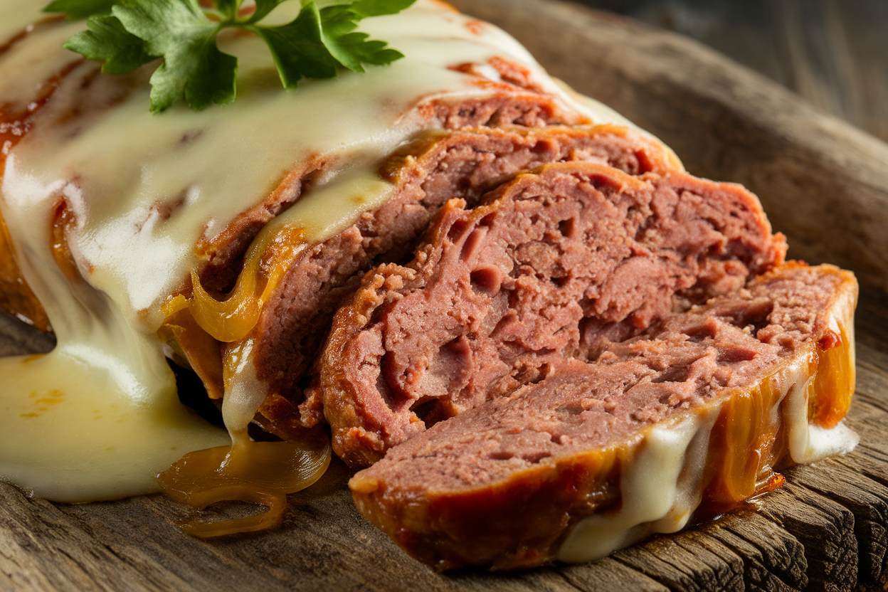 French Onion Meatloaf served on a wooden platter.