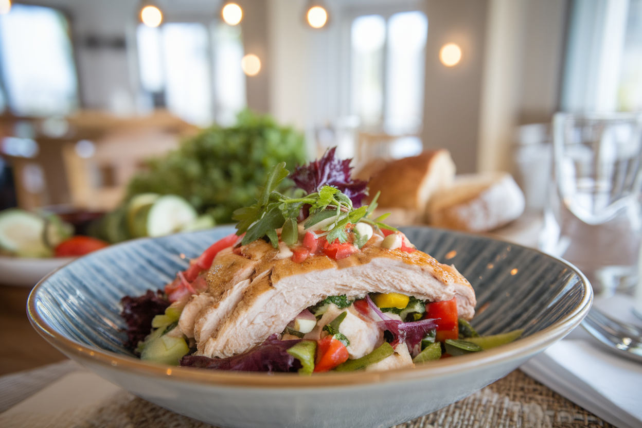 Fresh chicken salad served with vegetables and bread in a cozy restaurant setting.