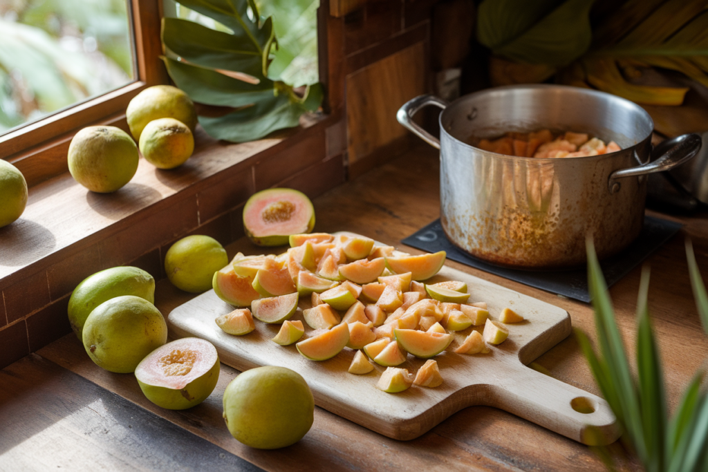 Ripe guavas on a wooden countertop next to a pot of simmering guava paste in a rustic kitchen.