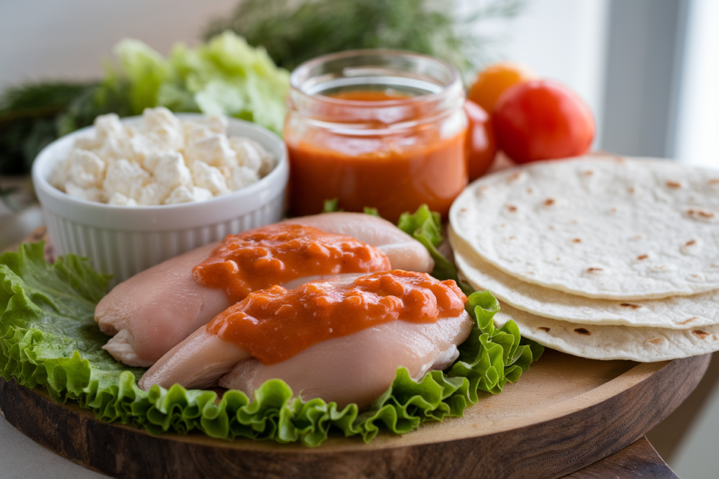 Fresh ingredients for a Cottage Cheese Buffalo Chicken Wrap, including chicken breasts, cottage cheese, buffalo sauce, lettuce, tomatoes, and tortillas.