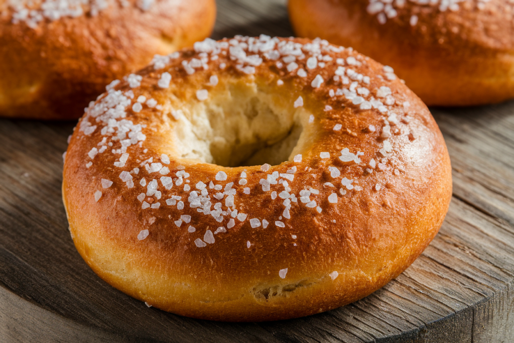 Freshly baked salt bagel on a wooden board.