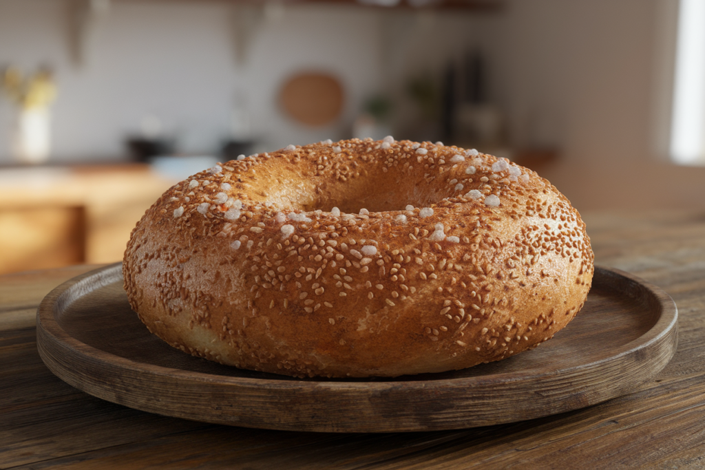 Freshly baked salt bagel with coarse salt topping on a wooden plate.