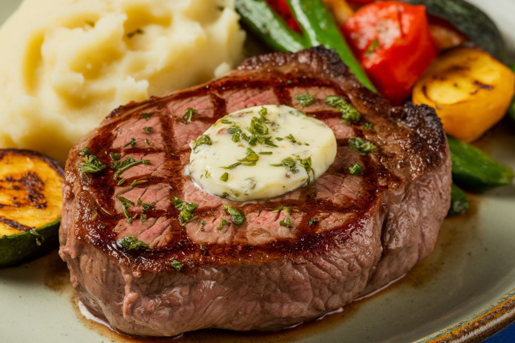 A plated chuck eye steak topped with garlic herb butter and served with roasted vegetables.
