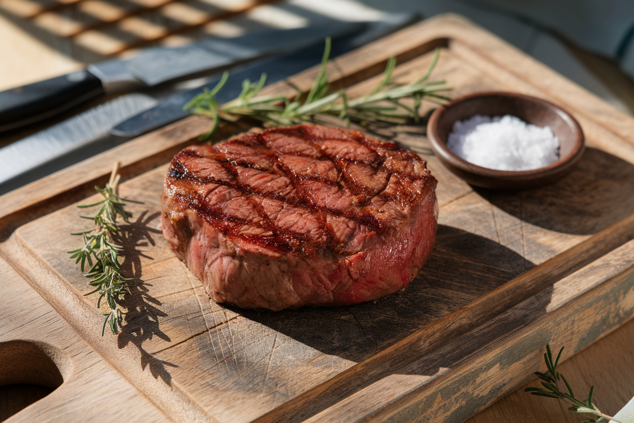 Juicy, grilled beef chuck eye steak on a wooden cutting board with garnishes.