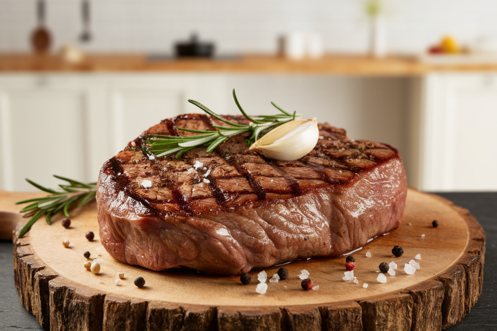 A perfectly grilled chuck eye steak on a wooden board with rosemary and garlic.