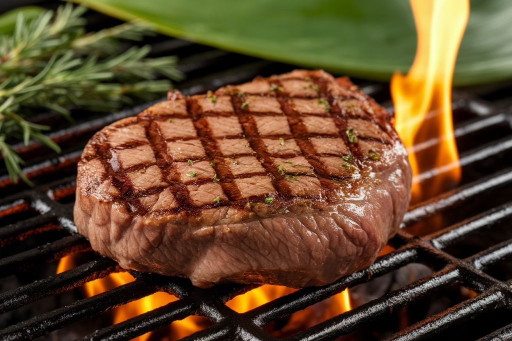 Chuck eye steaks sizzling on a grill with visible smoke.