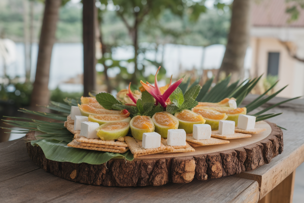 A dessert platter featuring guava paste slices paired with cheese, crackers, and mint leaves on a wooden table.