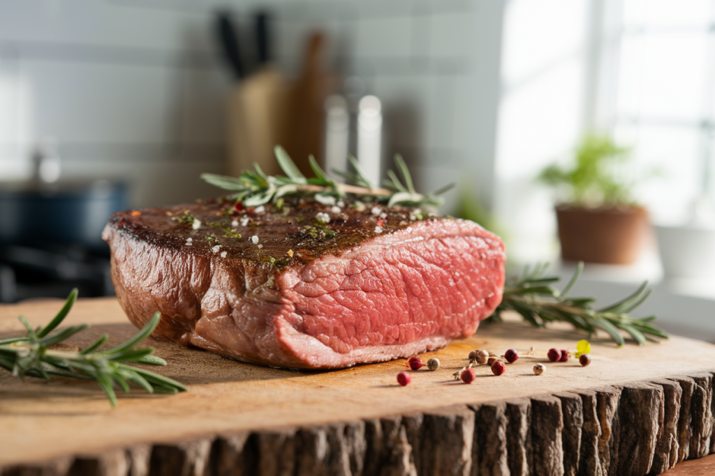 Bavette steak on a rustic wooden cutting board with fresh herbs in a cozy kitchen setting.