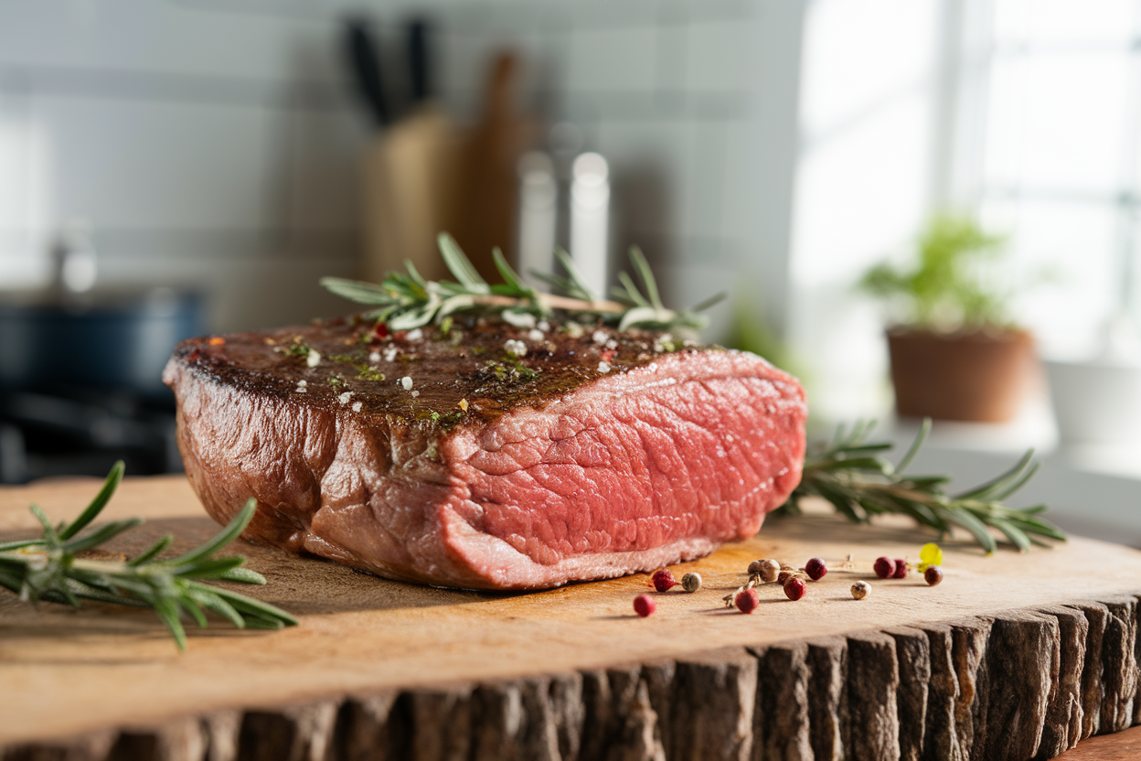 Bavette steak on a rustic wooden cutting board with fresh herbs in a cozy kitchen setting.