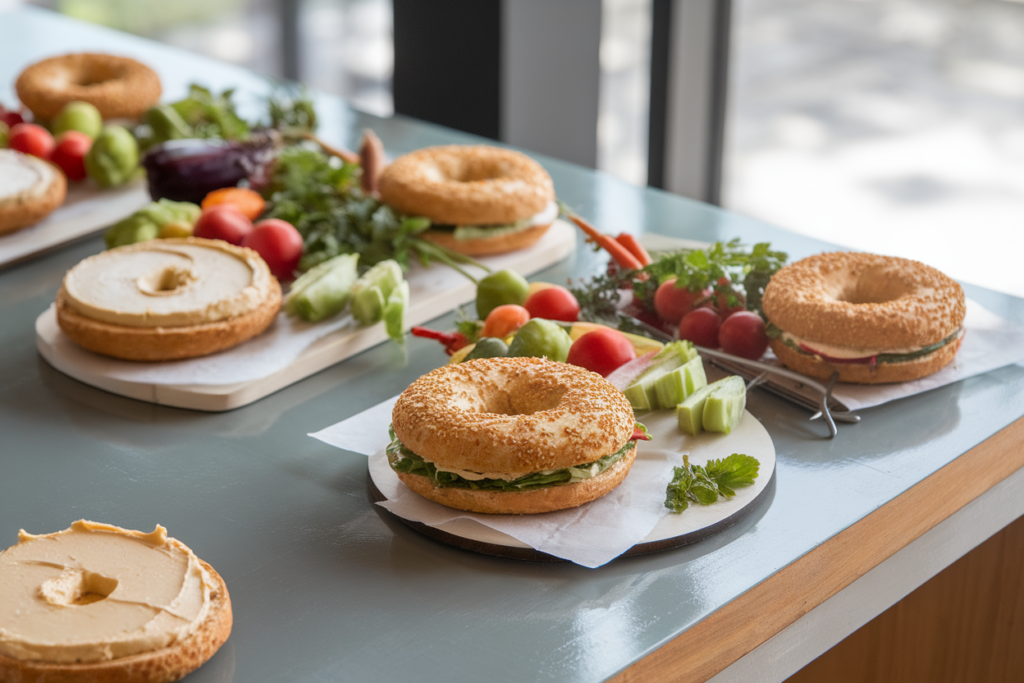 Gluten-free and vegan bagels with plant-based cream cheese.