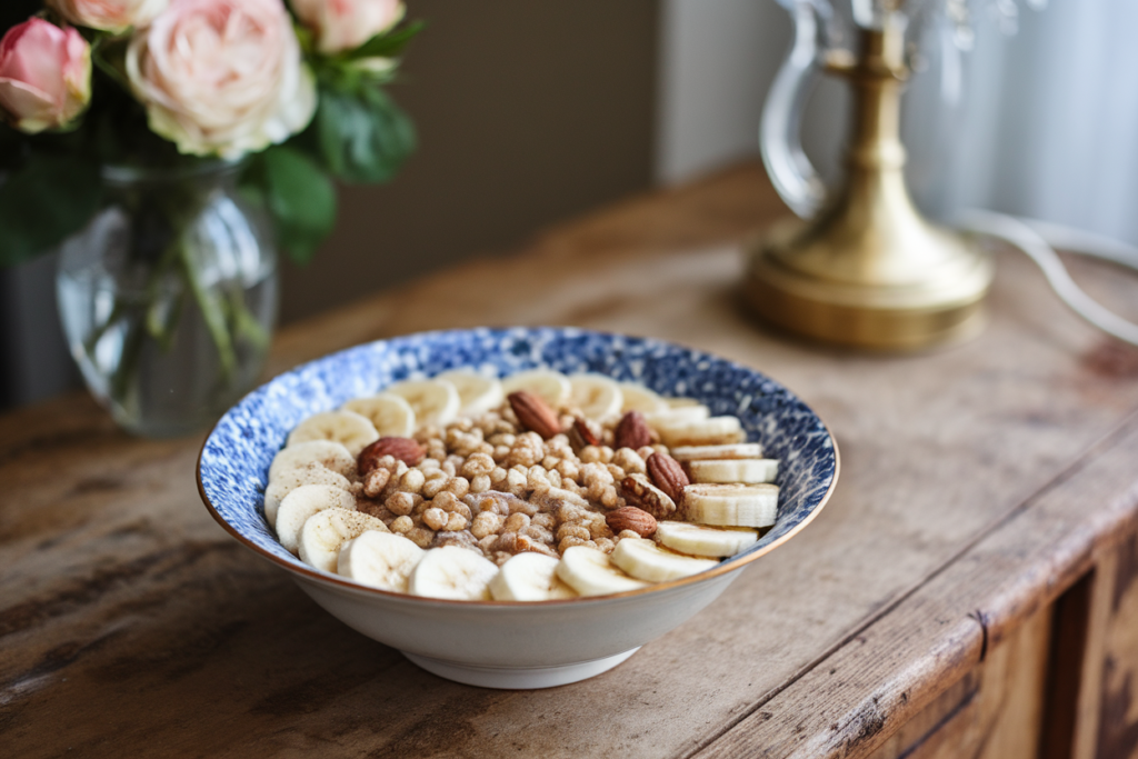 Healthy oatmeal cereal with banana, nuts, and cinnamon