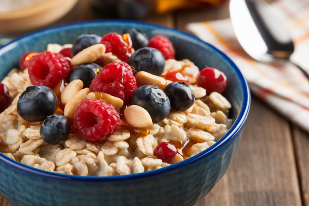 Delicious bowl of oatmeal cereal topped with berries and honey