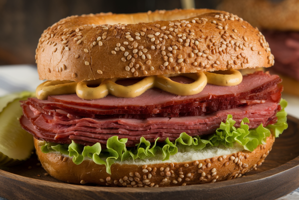 Salt bagel sandwich with pastrami and mustard.