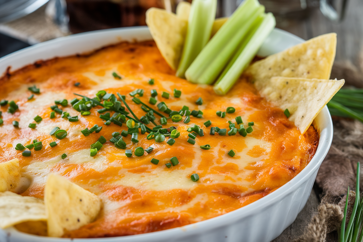 High protein buffalo chicken dip with cottage cheese served in a baking dish.